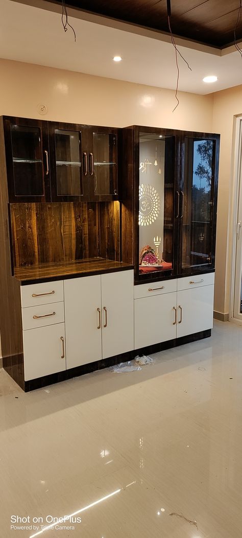 Mandir With Crockery Unit, Pooja Unit, Crockery Cabinet, Crockery Unit, Mandir Design, Foyer Design, Dining Set, Lobby, Cupboard