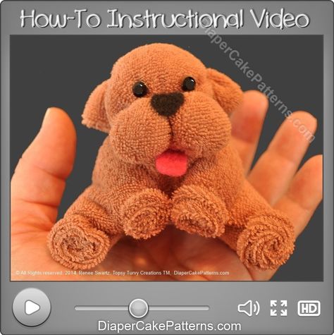 How to Make a Washcloth Puppy Video Tutorial Washcloth Elephant, Washcloth Animals, Towel Origami, Washcloth Crafts, Towel Cakes, Towel Animals, Folding Origami, How To Fold Towels, Baby Washcloth