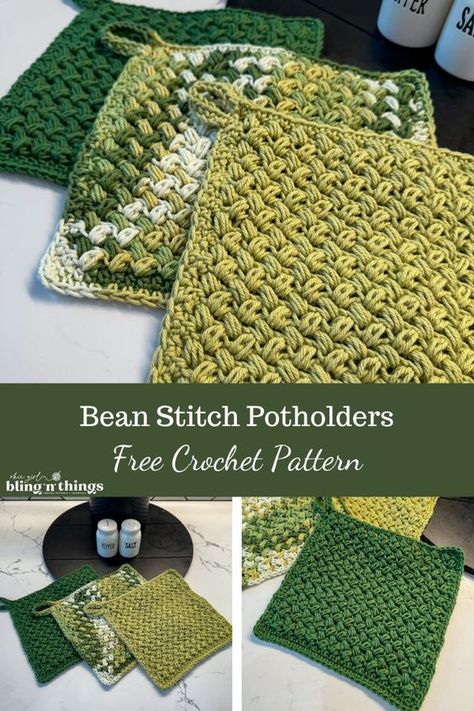 Looking for a super quick and easy potholder pattern?  This one is for you!  It is made with the bean stitch and it produces a very thick fabric that will protect your counters from hot pans and dishes. Thermal Stitch Crochet Pot Holders Free Pattern, Dishie Yarn Patterns, Crochet Pan Holder, Crochet Pot And Pan Protectors, Dish Cloths Crochet Pattern, Free Crochet Hot Pad Patterns, Dish Cloths Crochet Free Pattern Yarns, Crocheted Dishcloth Patterns Free, Pot Holder Crochet Pattern Free