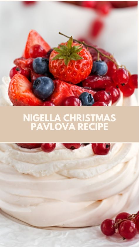 This delicious Christmas Pavlova is a quick and easy dessert that’s perfect for the holidays. With its crispy meringue, creamy whipped cream, and fresh pomegranate, it’s a showstopper! You can easily customize it with different fruits or flavorings, making it as flexible as it is festive. A recipe by Nigella Lawson that’s sure to impress! Chewy Pavlova Recipe, Layered Pavlova, Nigella Lawson Desserts, Christmas Pavlova Recipe, Nigella Lawson Christmas, Nigella Christmas, Christmas Pavlova, Nigella Lawson Recipes, Pavlova Recipe