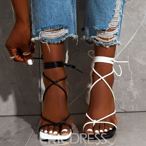 Square Shoes, Black And White Heels, White Fashion Casual, Ankle Strap High Heels, Womens Stilettos, Square Toe Heels, White Heels, Lace Up Sandals, Women Sandals