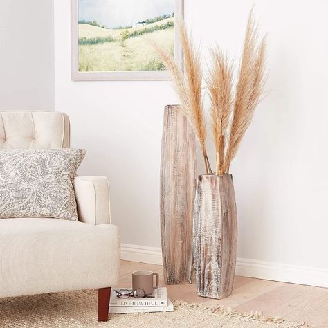 wood floor vase pampas grass decoration inspiration whitewashed finish vases for shabby chic coastal decor ideas Floor Vases Decor, Brown Wood Table, Floor Vase Decor, Upscale Decor, Wooden Vases, Large Floor Vase, Tall Floor Vases, Floor Vases, Wedding Moodboard