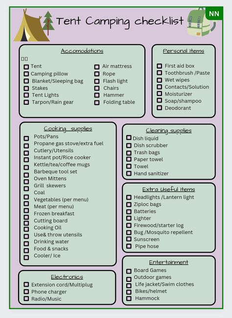 Simple list of essential items for camping. Tent Camping Checklist, Camping Essentials List, Zelt Camping, Camping Family, Camping Packing List, Camping Set Up, Camper Camping, Camping Pillows, Camping List