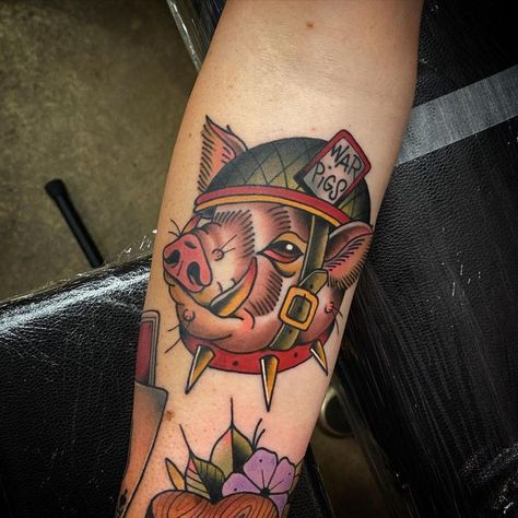 Sick War Pigs traditional tattoo made with Killer Ink supplies! Firefighter Drawing, Studio Interview, Pig Tattoo, Animal Sleeve Tattoo, Sailor Jerry Tattoos, All That Glitters Is Gold, Traditional Tattoo Design, Bad Tattoos, Traditional Tattoo Art