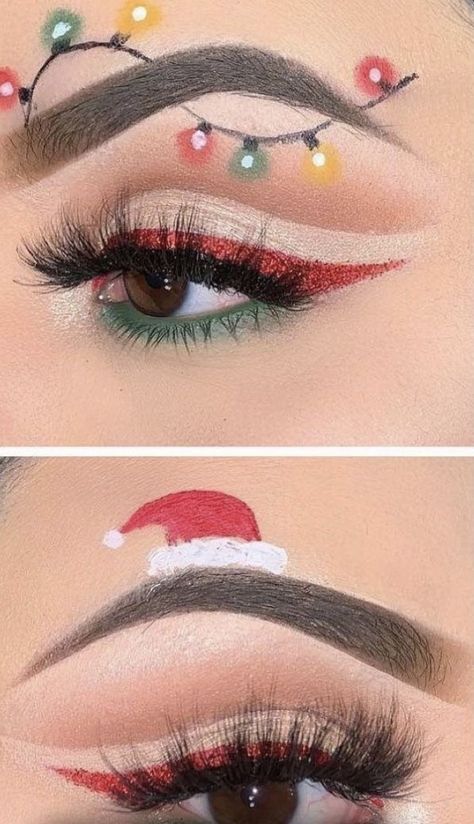 Christmas Makeup Looks Simple, Christmas Eyeliner, Creative Christmas Makeup, Eyeliner Creative, Simple Christmas Makeup, Makeup Looks Christmas, Makeup Ideas Christmas, Grinch Makeup, Reindeer Makeup