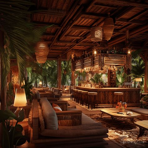 Jungle Restaurant Design, Balinese Restaurant Design, Hawaiian Restaurant Interior, Earthy Restaurant Design, Forest Restaurant Design, Bohemian Restaurant Interior Design, Bohemian Style Restaurant, Tropical Bar Design, Tropical Restaurant Design