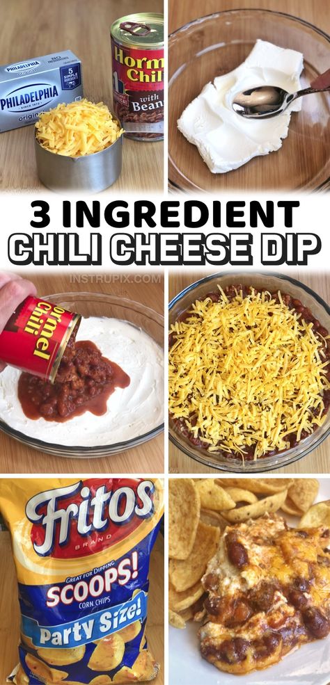 Easy 3 Ingredient Chili Cheese Dip - Instrupix Easy Chili Cheese Dip, 3 Ingredient Chili, Football Food Appetizers, Chili Cheese Dip, Chili Cheese Dips, Football Snacks, Quick And Easy Appetizers, Dip Recipes Easy, Superbowl Party Food