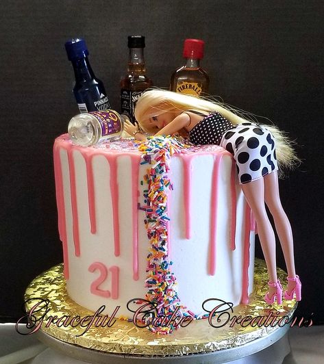 Alcohol Birthday Cake, 21st Birthday Cake For Girls, Drunk Barbie Cake, Barbie Birthday Cake, Inside Cake, 21st Birthday Cakes, Barbie Birthday Party, 21st Birthday Cake, Barbie Cake