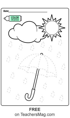 On this worksheet students trace the lines to make an umbrella that can withstand the rain they also get to trace. Once they are done with the tracing the rainstorm can be colored-in as well! Rain Worksheets Preschool, Umbrella Worksheet, Rain Crafts, Weather Activities Preschool, Weather Worksheets, Line Tracing, Shape Tracing Worksheets, Weather Crafts, Kindergarten Phonics Worksheets