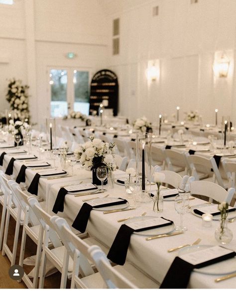 White Table Linen With Black Napkin Wedding, U Shaped Table Set Up Wedding, Black And Cream Table Setting, Wedding White Tablecloth Black Napkins, White Tables With Black Chairs Wedding, Black And White Formal Decorations, White Silver And Black Wedding, Black And White Long Table Setting, Black Tie Wedding Tablescape