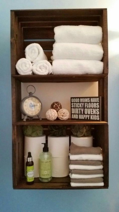 Crate Shelving, Bathroom Closet Organization Ideas, Crate Shelf, Wc Decoration, Bathroom Closet Organization, Wall Shelf Unit, Closet Organization Ideas, Crate Furniture Diy, Crate Ideas