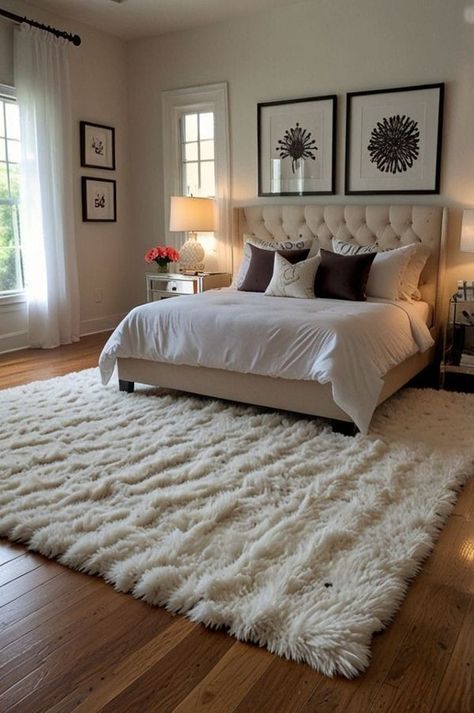 wonderful design and decorations | Magnifique 😍😍 | Facebook Victorian House Bedroom, Small Bedroom Rug Ideas, White Bedroom Rug, White Rug Bedroom, Black White And Grey Bedroom, White Fluffy Rug, Black Rug Bedroom, Bedroom Rug Ideas, Grey Bedroom Rug