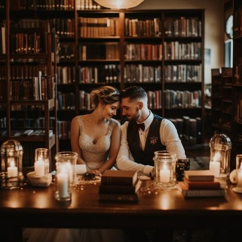 Library wedding - A wedding held in a library with decor inspired by books, like vintage typewriters, leather-bound books, and candlelight Book Lovers Wedding, Black Red Wedding, Book Themed Wedding, College Wedding, Vintage Garden Parties, Library Wedding, Eclectic Wedding, Anniversary Photoshoot, Wedding Court