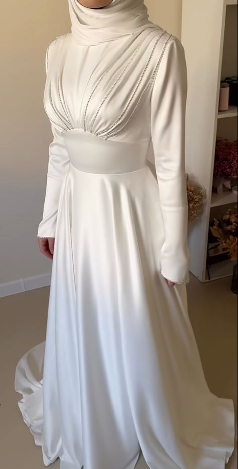 Modest White Dress, Elegant Silk Dresses, Muslimah Wedding Dress, Sweep Train Wedding Dress, Bride Dress Simple, Soiree Dress, Women Dresses Classy, Elegant Dresses Classy, Sleeves Designs For Dresses