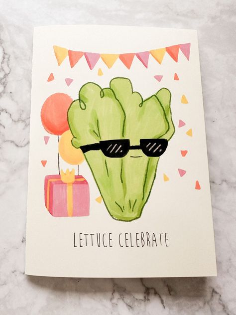 Lettuce Celebrate Funny Happy Birthday Card for farmer, gardener, vegan vegetarian or anyone! Pun Birthday Themes, Card Making Birthday Ideas, Birthays Card Ideas, Super Cute Birthday Card, Birthday Card Friend Female, Simple Birthday Cards For Boyfriend, Birthday Cards Punny, Birthday Card Puns Friends, Cute And Funny Birthday Cards