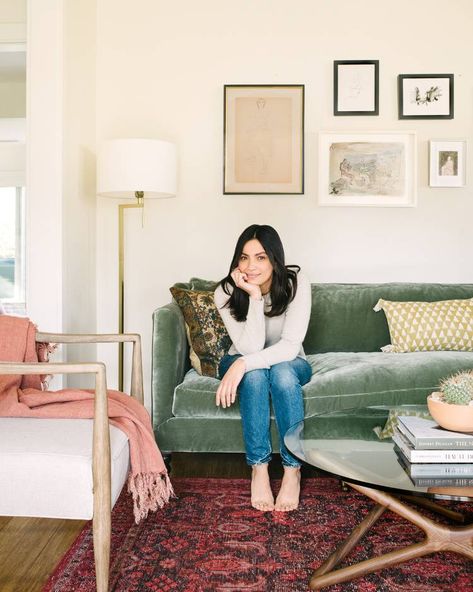 See Inside Floriana Lima's Charming Living Room | MyDomaine Floriana Lima, Green Sofa Living, Green Sofa Living Room, Boho Apartment, Eclectic Living, Green Sofa, Eclectic Living Room, Beautiful Sofas, Sofa Living Room