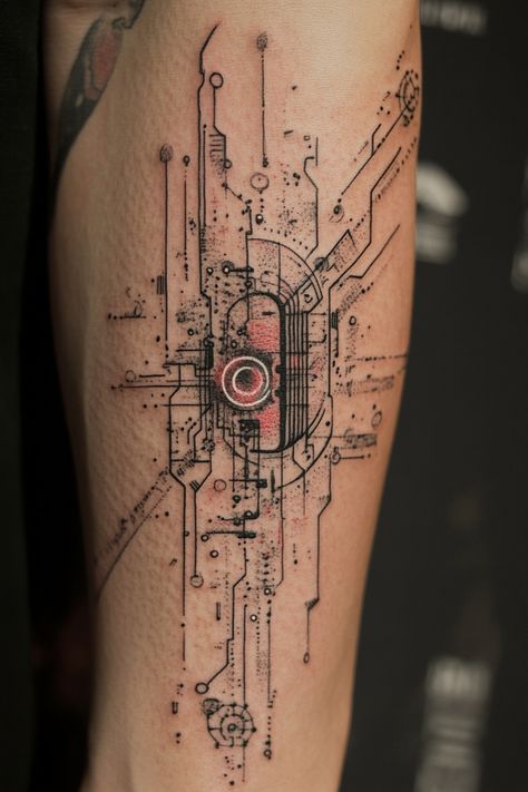 Circuit board-inspired tattoo on arm with geometric and abstract elements. Circuit Board Tattoo Design, Programming Tattoo Ideas, Cyberpunk Tattoo Design, Circuitry Art, Cyberpunk Tattoo Design Ideas, Engineering Tattoo, Industrial Tattoo, Circuit Board Tattoo, Cyberpunk Tattoos