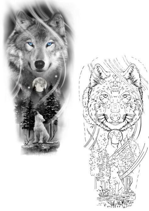 Wolf Tattoo Stencil Design, Wolf Cub Tattoo Design, Baby Wolf Tattoo, Wolf Silhouette Tattoo, Wolf And Cub Tattoo Design, Wolf Head Tattoo Design, Wolf Tattoo Sketch, Wolf Tattoo Stencil, Half Sleeve Tattoos Wolf