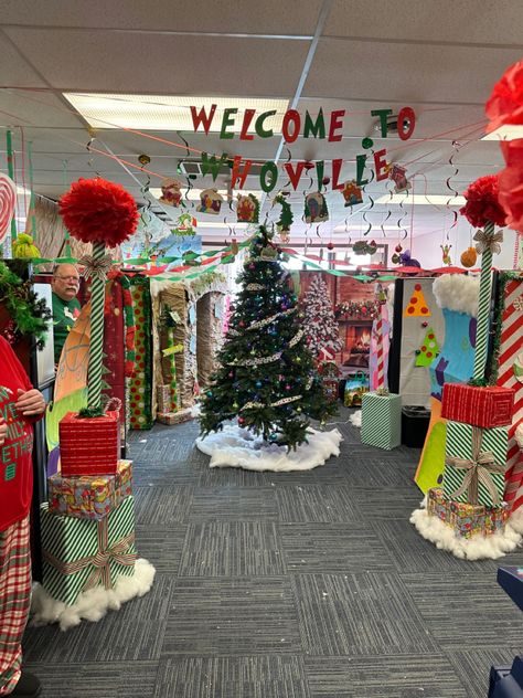 Whoville Christmas Parade Float Ideas, Whoville Christmas Office Decorations, Grinch Themed Office, Christmas Village Office Decorations, Grinch’s Lair, Christmas Hallway Decorations School Whoville, Christmas Office Contest Ideas, Office Whoville Decorations, Grinch Theme Hallway