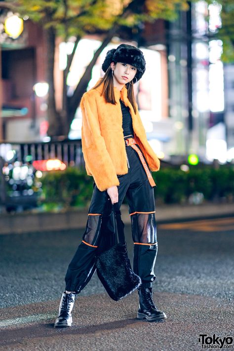 Orange & Black Japanese Streetwear w/ Faux Fur Jacket, Crop Top, Boohoo Pants, WEGO Fur Hat & Laugh WorldWide Belt Mesh Trousers, Japanese Student, Tokyo Style, Asian Streetwear, Japan Fashion Street, Chinese Fashion Street, Tokyo Street Style, Asian Street Style, Japan Tokyo