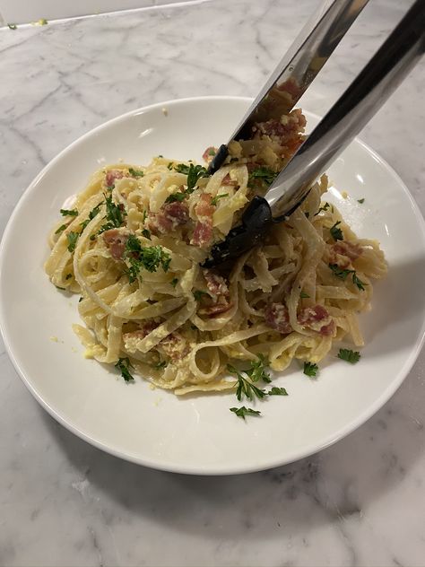 Fettuccine Carbonara – Just Amazing Fettuccine Carbonara, Fettuccini Noodles, Egg Whisk, Garlic Salt, Large Pots, Just Amazing, Garlic Cloves, Noodles, Bacon