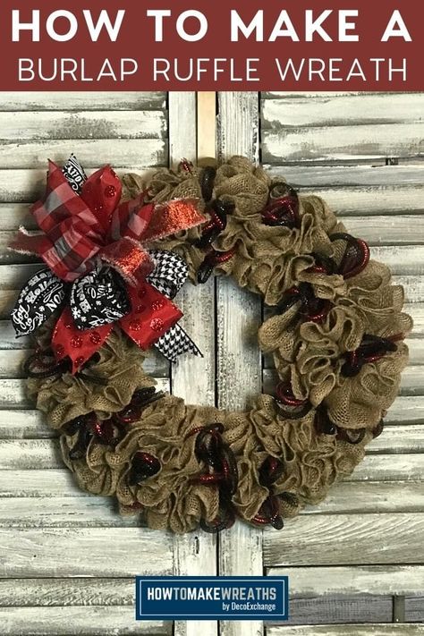 Learning how to make this burlap ruffle wreath is fairly simple. You can make your burlap ruffle and just change out any attachments based on the season. Burlap Ruffle Wreath, Ruffle Wreath, Wreath Making Tutorials, Burlap Wreath Tutorial, Make Your Own Wreath, Burlap Wreath Diy, Burlap Projects, Mesh Wreath Diy, Wire Wreath Frame