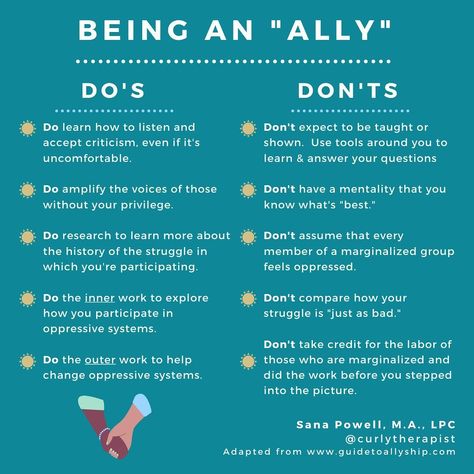 Sana, M.A., LPC • Therapist 🇮🇳 on Instagram: “⁣☀Allyship Do’s & Don’ts⠀ ⠀ As White people and non-Black POCs, we must be thoughtful about *how* we ally with the Black community. ⠀ ⠀…” How To Be An Ally, Allyship Quotes, Organization Development, Equality And Diversity, Black Community, White People, Music Therapy, Self Improvement Tips, Psychologist