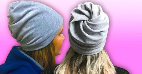 How to Sew a Beanie 2 Ways: Using Fleece Fabric or an Old Sweater | Upstyle Sew A Beanie, Winter Hat Sewing Pattern, Fabric Flower Headbands, Old Sweatshirt, Sewing Hats, Diy Sewing Tutorials, Diy Sweater, Headband Tutorial, Ruffle Flower