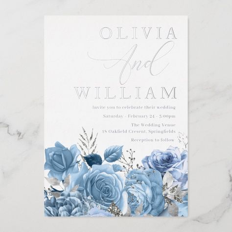 Modern Dusty Blue & Silver Floral Wedding Foil Invitation  Zazzle Zazzle Wedding, Wedding Anniversary Invitations, Foil Invitations, Anniversary Invitations, Fun Wedding Invitations, Dusty Blue, Blue And Silver, Floral Wedding, Wedding Anniversary