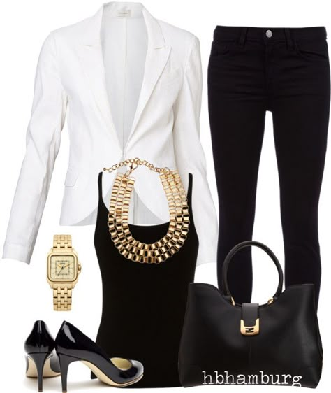 "No. 143 - Gold/Black/White" by hbhamburg ❤ liked on Polyvore Ssense Fashion, Casual Chique, Elegante Casual, Professional Attire, Red Lip, Looks Chic, Blazer Outfits, Gold Accessories, White Blazer