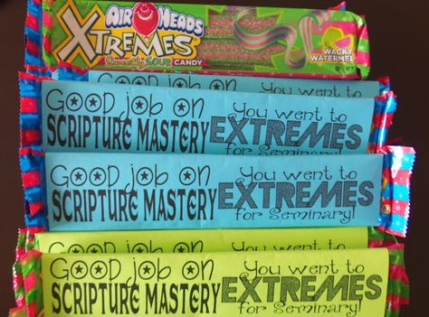 Reward your seminary students who learned all 25 Scripture Mastery with extreme airhead candy.  Free printout. Doctrinal Mastery New Testament 2023 Games, Doctrinal Mastery New Testament, Book Of Mormon Doctrinal Mastery, Seminary Games, Doctrinal Mastery Old Testament 2022, Doctrinal Mastery, Scripture Mastery, Lds Seminary, Gathering Ideas