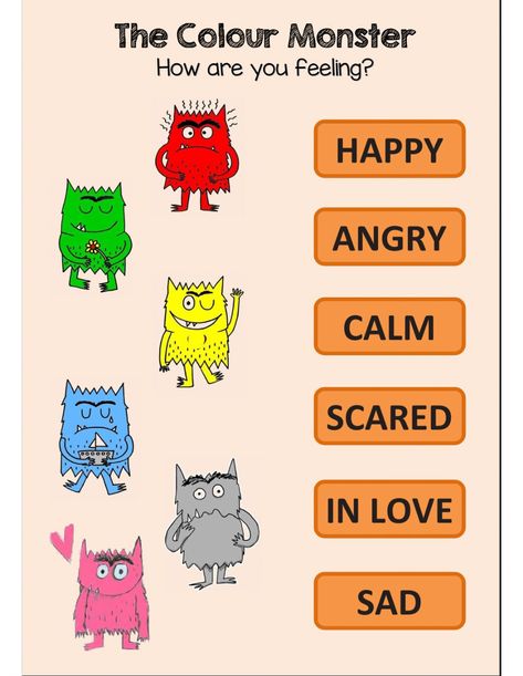 Feelings and emotions online worksheet for Elemental. You can do the exercises online or download the worksheet as pdf. The Color Monster Activities, Color Monster Activities, Monster Feelings, Monster Emotions, The Colour Monster, The Color Monster, Colour Monster, Diy Name Tags, Creative Curriculum Preschool