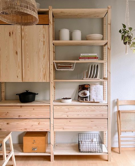 first little look at our #ivarkitchen • a sage green wall that fits the light wood so much bette than it did the dark and a provisional… | Instagram Ivar Ikea Wall, Ivar Ikea Bedroom, Ikea Ivar Shelves, Dwell Kitchen, Baking Sourdough Bread, Ivar Regal, Cookbook Organization, Ivar Ikea, Vintage Eclectic Home