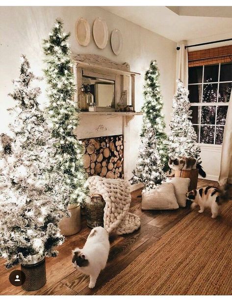 Love this cozy Christmas look with the flocked tree flanking either side of the fireplace Christmas Cozy, Christmas Tablescape, Christmas Time Is Here, Cozy Farmhouse, Christmas Decorations Rustic, Farmhouse Christmas Decor, Noel Christmas, Merry Little Christmas, Fireplace Decor