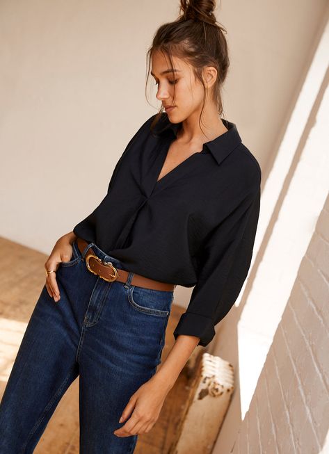 Cut from airy navy fabric, this shirt is the easy, throw-on style we reach for on busy and relaxed days alike. It has a loose-fitting, oversized silhouette with dropped shoulders and an open collar. Whether you wear it fully tucked in, completely loose or half-and-half (what we call "the French tuck"), make sure you balance out the volume with something form-fitting on your bottom half - think skinny jeans and kitten-heeled boots. Navy Throw, Blue Long Sleeve Shirt, Jean Accessories, Mint Velvet, Fitted Trousers, Oversized Shirt, Kids' Dresses, Effortless Style, Long Sleeve Shirt