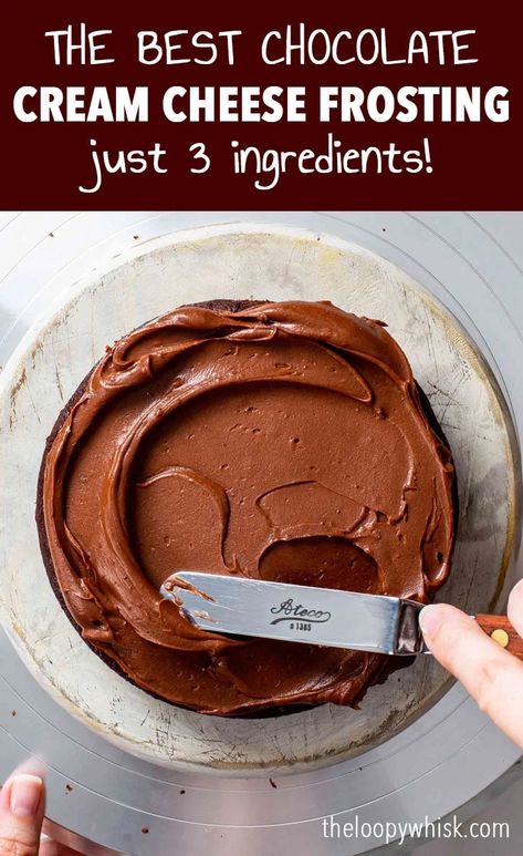 Easy 3-Ingredient Chocolate Cream Cheese Frosting - This is THE BEST and also the easiest chocolate cream cheese frosting you’ll ever make. It requires just 3 ingredients and about 5-10 minutes to whip up – and you don’t even need to use a stand or a hand mixer! It’s perfectly rich, velvety-smooth and ultra-chocolatey, it pipes like a dream, and it holds its shape beautifully. Chocolate frosting. Easy frosting recipe. Cake decoration ideas. Chocolate icing. Homemade Chocolate Icing, Baking Mischief, Chocolate Cake Icing, Chocolate Icing Recipes, Chocolate Cream Cheese Frosting, Chocolate Frosting Recipes, Cake Frosting Recipe, Homemade Frosting, Chocolate Buttercream Frosting