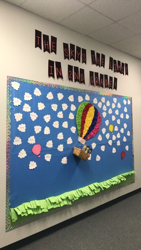 Students Names Bulletin Board, Cloud Theme Bulletin Board, Clouds Classroom Theme, Cloud Theme Classroom Decor, Hot Air Ballon Bulletin Board Ideas, Hot Air Balloon School Theme, Hot Air Balloon Bulletin Board, Hot Air Balloon Classroom Theme, Flower Crafts Kids