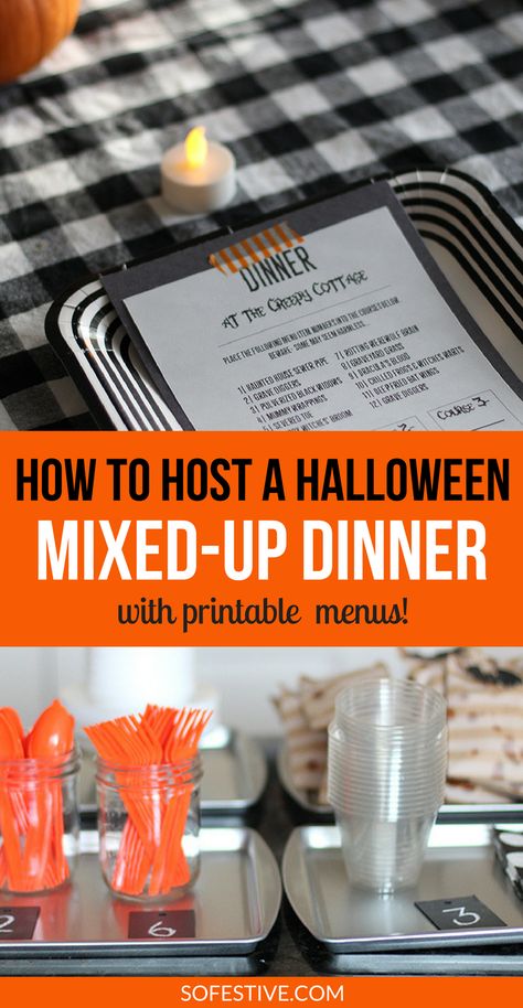 How to Host A Halloween Mixed-Up Dinner  with printable menus- Halloween party ideas- Family party ideas- Halloween mystery dinner Halloween Mystery Dinner, Halloween Dinner Party Menu, Halloween Party Menu, Teen Halloween Party, Spooky Dinner, Mystery Dinner Party, Dinner Party Games, Halloween Menu, Teen Halloween