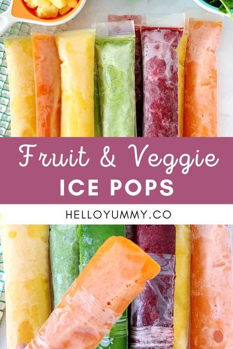 Fruit and Veggie Ice Pops. Healthy snack for kids. Fruit And Veggie Popsicles, Veggie Popsicles Kids, Healthy Ice Pops For Kids, Healthy Ice Pops Homemade, Homemade Freezies For Kids, Homemade Ice Pops For Kids, Healthy Toddler Popsicle Recipes, Healthy Ice Pop Recipes, Frozen Ice Pops