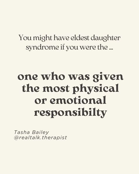 Unpopular opinion : you don't need to be the eldest daughter to experience eldest daughter pressures. I spoke about this on @threads and so many fellow youngest daughters had a lot to say on this. "Eldest daughter syndrome" comes from having to take on too much responsibility as a child. Usually due to being the oldest and the female child. But there are so many other nuances that can lead the rest of us to feel it too. "Eldest daughter syndrome" is a type of parentification where you had... Eldest Daughter Syndrome Aesthetic, Youngest Daughter Quotes, Oldest Daughter Syndrome, Oldest Daughter Quotes, Eldest Daughter Quotes, Eldest Daughter Syndrome, Eldest Sibling, Feeling Too Much