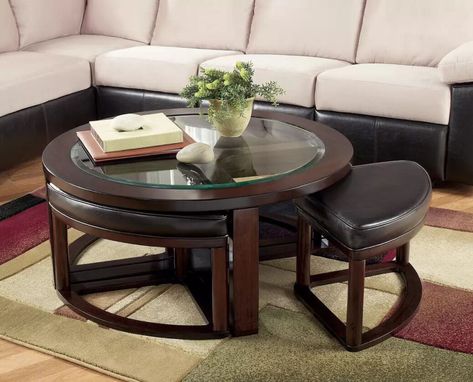 Coffee Table With Stools, Meja Sofa, Furnitur Ruang Keluarga, Round Cocktail Tables, Backless Stools, Upholstered Stool, Solid Wood Coffee Table, Glass Top Coffee Table, Cool Coffee Tables