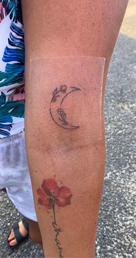 Moon On Arm Tattoo, Earthly Tattoos For Women, Moon Tattoo Ideas Female, Cresent Moon Tatoos, Moon And Rose Tattoo, Moon Tattoo Placement, Waxing Crescent Moon Tattoo, Waning Crescent Moon Tattoo, Foot Tattoo Placement