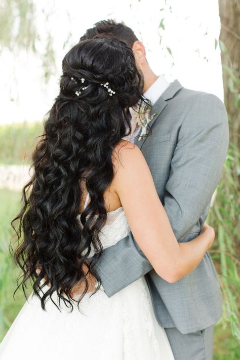 Wedding Hairstyles On Dark Hair, Bride Hairstyles For Dark Hair, Bride Hairstyles Half Up Half Down Black Hair, Dark Hair Bridal Hairstyles Down, Black Hair Wedding Styles Half Up Half Down, Wedding Hairstyles For Dark Brown Hair, Wedding Hairstyles Long Black Hair, Boho Wedding Hair Black, Dark Curly Bridal Hair