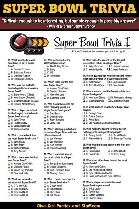 Challenge your Super Bowl party guests to a Super Bowl trivia with this printable multiple choice quiz. Last updated on Jan 15 2018. Games Night Food, Tea Trivia, Super Bowl Trivia, Birthday Ideas Nyc, Inauguration Party, Football Trivia, Food Trivia, Trivia Party, Pub Night