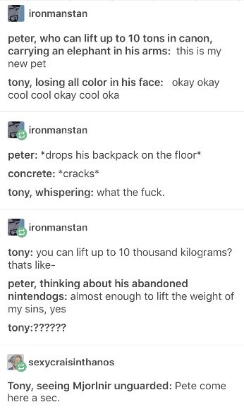 #peterparker #tonystark #avengers #tumblr #tumblrposts #marvel #funny #spiderman #ironman Avengers Incorrect Quotes Funny Peter Parker, Spiderman Tumblr Posts, Marvel Headcanon Spiderman, Avengers Tumblr Funny, Cryptic Core, Avengers Tumblr, Funny Spiderman, Avengers Texts, Marvel Tumblr