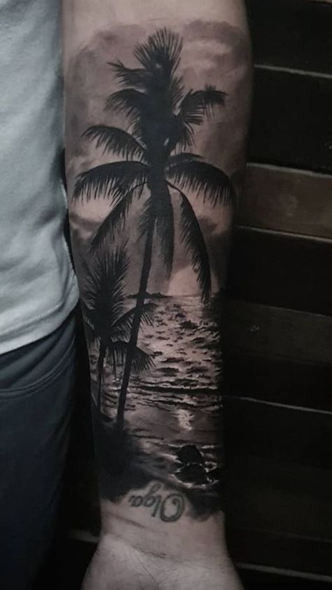 Coconut Tree Tattoo, John Tattoo, Forearm Tats, Cover Up Tattoos For Men, Beachy Tattoos, Tree Tattoo Men, Crab Tattoo, Palm Tattoos, Mens Shoulder Tattoo