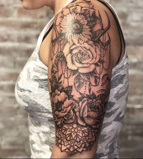 Western Tattoos For Women Sleeve, Half Sleeve Tattoo Upper Arm, Upper Half Sleeve Tattoos, Mandala Sunflower, Antler Tattoos, Antler Tattoo, Shoulder Sleeve Tattoos, Quarter Sleeve Tattoos, Floral Tattoo Shoulder