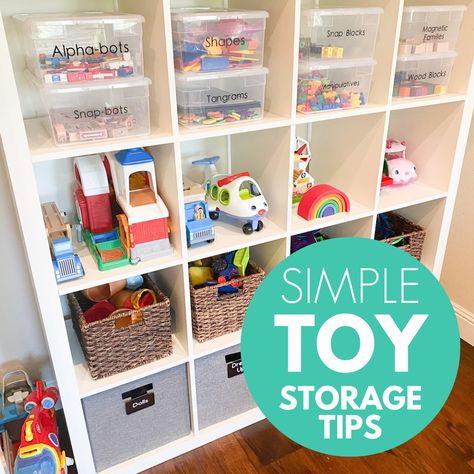 Cube Storage Toddler Room, Tiny Toy Storage, Kallax Hack Toy Storage, Simple Toy Storage, Playroom Cube Storage, Kallax Toy Storage Ideas, Cube Storage Playroom, Playroom Cube Storage Ideas, Baby Toy Organization