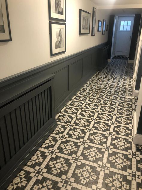 Panelling Hallway Radiator Cover, Hallway Panelling With Radiator Cover, Panelled Hallway With Wallpaper, Wall Pannel Ideas Living Room Grey, Dark Grey Hallway, Hallway Panelling Ideas, 1930s Hallway, Long Narrow Hallway, Hallway Panelling