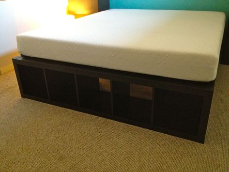 Finally, a Cal-King Bed Frame with space for dog kennels - IKEA Hackers Ikea Platform Bed, Diy King Bed Frame, California King Bed Frame, Diy Storage Bed, King Bedding, Cal King Bedding, Dog Kennels, Diy Bed Frame, Platform Bed With Storage